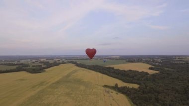 Sıcak hava balonu gökyüzüne bir buğday alanın üzerinde. Havadan görünümü