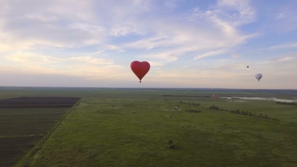 Balão de ar quente no céu sobre um campo.Vista aérea — Vídeo de Stock