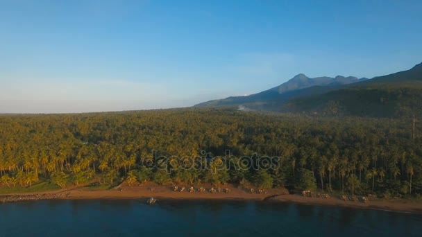 Antenne Bekijk prachtige kustlijn op het tropische eiland met vulkanische zand strand. Camiguin island, Filippijnen. — Stockvideo