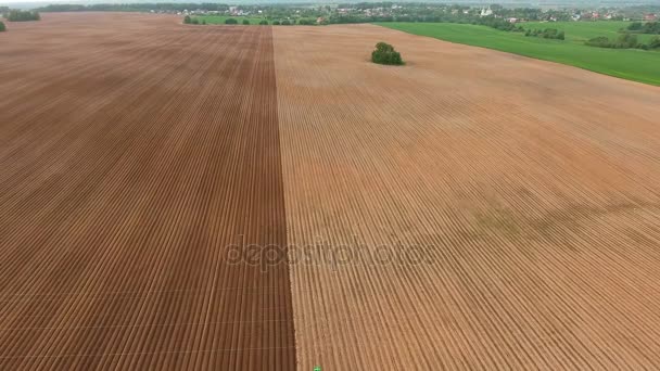 Boer zaaien, zaaien van gewassen op het veld. Luchtfoto. — Stockvideo