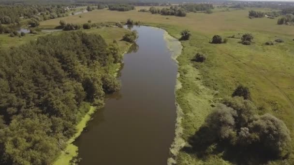 Krajina, pole, řeka. Letecký pohled. — Stock video