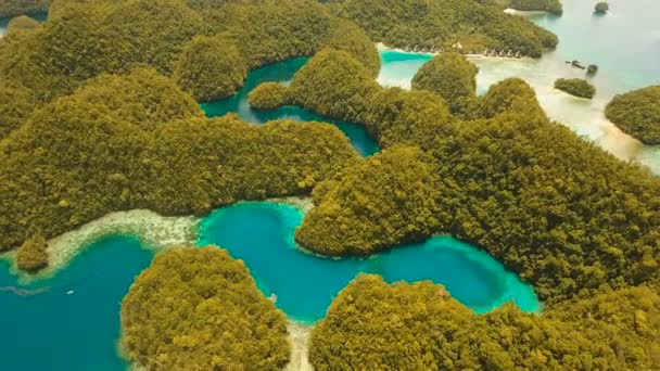 Flygfoto tropisk lagun, hav, strand.Bucas Grande Island, Sohoton Cove. Filippinerna. — Stockvideo