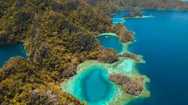 Hava manzaralı tropikal göl, deniz, sahil. Tropikal ada. Busuanga, Palawan, Filipinler.