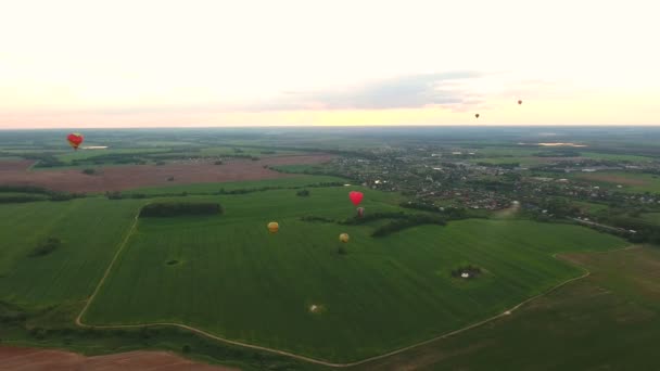 Balonów na ogrzane powietrze w niebo nad polem. Widok z lotu ptaka — Wideo stockowe