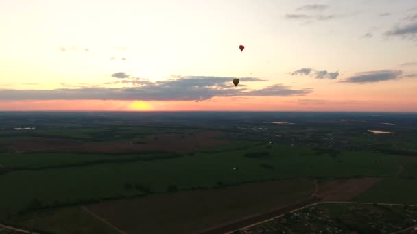 Montgolfières dans le ciel au-dessus d'un champ.Vue aérienne — Video