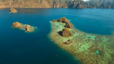 Hava manzaralı tropikal göl, deniz, sahil. Tropikal ada. Busuanga, Palawan, Filipinler.