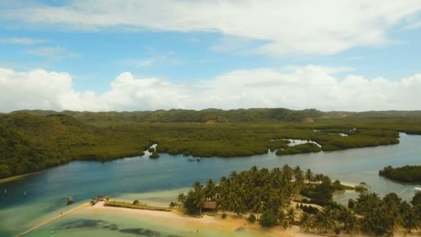 Hava güzel bir plaj tropikal bir adada görüntüleyin. Filipinler, Siargao. — Stok video