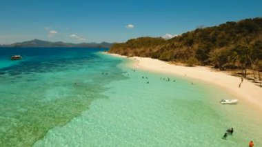 Havadan görünümü güzel plaj tropikal bir ada Malcapuya. Filipinler.