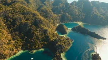 Havadan görünümü İki Yataklı göl, deniz, plaj. Tropik ada. Busuanga, Palawan, Filipinler.