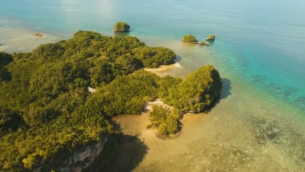 Tropik ada, plaj, kayalar ve dalgalar deniz manzarası. Bohol, Filipinler. — Stok video