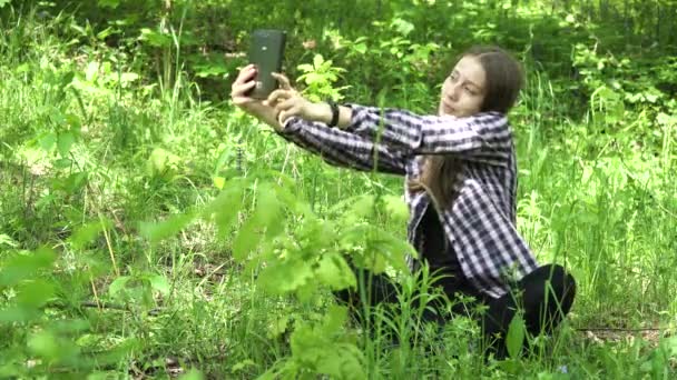 Menina usa um tablet na floresta . — Vídeo de Stock