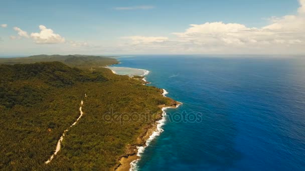 Seascape z tropikalnej wyspie, plaża, skały i fale. Siargao, Filipiny. — Wideo stockowe
