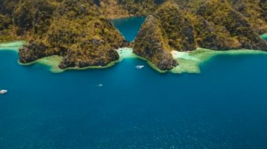 Hava manzaralı tropikal göl, deniz, sahil. Tropikal ada. Busuanga, Palawan, Filipinler.