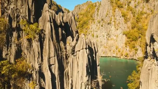 Légifelvételek Twin lagoon, tenger, tengerpart. Trópusi szigeten. Busuanga, Palawan, Fülöp-szigetek. — Stock videók