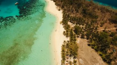 Havadan görünümü güzel plaj tropikal bir ada Malcapuya. Filipinler.