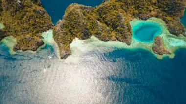 Hava manzaralı tropikal göl, deniz, sahil. Tropikal ada. Busuanga, Palawan, Filipinler.