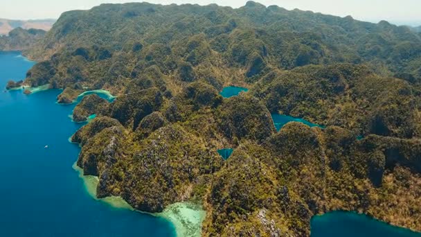 Hava manzaralı tropikal göl, deniz, sahil. Tropikal ada. Busuanga, Palawan, Filipinler. — Stok video