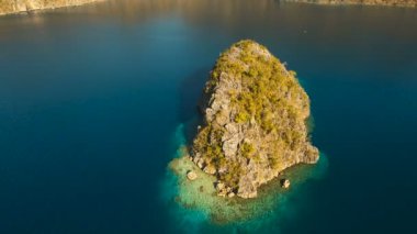 Hava manzaralı tropikal göl, deniz, sahil. Tropikal ada. Busuanga, Palawan, Filipinler.