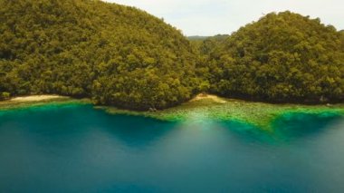 Hava manzaralı tropikal göl, deniz, sahil. Bucas Grande Adası, Sohoton Koyu. Filipinler.