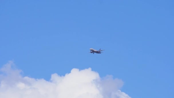 Vliegtuig in de blauwe hemel. — Stockvideo