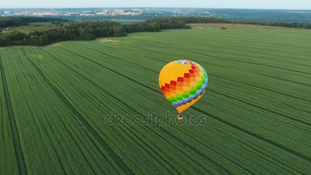 Heißluftballon am Himmel über einem Feld. — Stockvideo