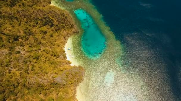 Hava manzaralı tropikal göl, deniz, sahil. Tropikal ada. Busuanga, Palawan, Filipinler. — Stok video