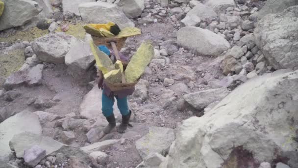 Sulfur worker, Mount Kawah Ijen volcano. — Stock videók