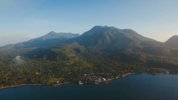 Aerial view beautiful coastline on the tropical island with volcanic sand beach. Camiguin island Philippines. — Stock Video