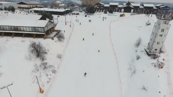 Ski resort in the winter season. Aerial view. — Stock Video
