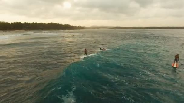 Widok z lotu ptaka surferów na falach o zachodzie słońca. Siargao, Filipiny. Cloud 9. — Wideo stockowe