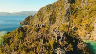 Havadan görünümü İki Yataklı göl, deniz, plaj. Tropik ada. Busuanga, Palawan, Filipinler.