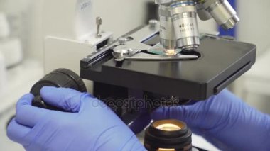 Kadın doktor mikroskoba bakar..