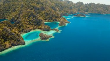 Hava manzaralı tropikal göl, deniz, sahil. Tropikal ada. Busuanga, Palawan, Filipinler.