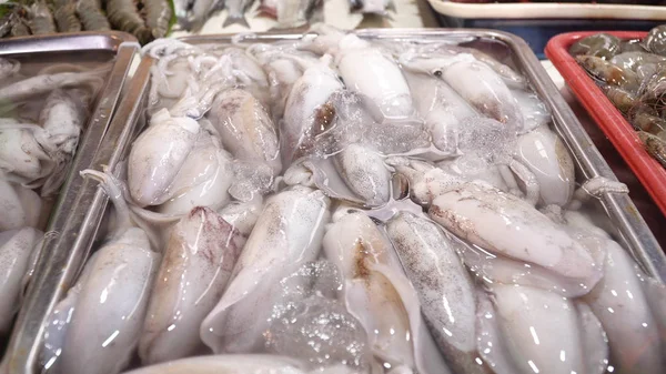 Calamares en el mostrador de un mercado callejero . — Foto de Stock