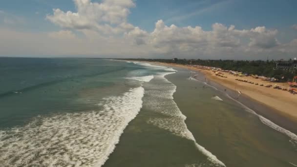 Вид с воздуха красивый пляж с серфингистами, Бали, Кута. — стоковое видео