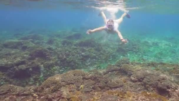 Mädchen schnorchelt unter Wasser. — Stockvideo