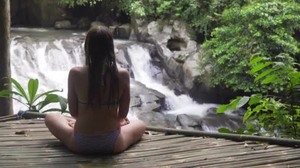 Flickan tittar på ett vackert vattenfall. — Stockvideo