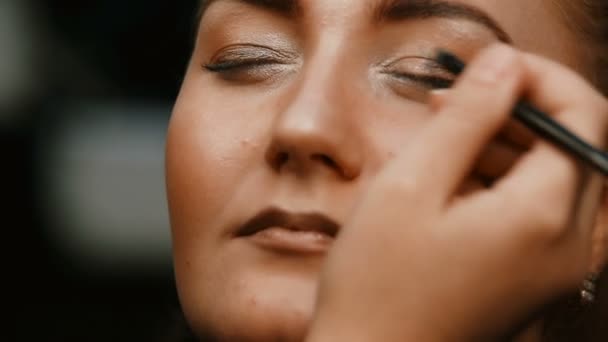 Maquillar artista haciendo profesional maquillaje de mujer joven — Vídeos de Stock