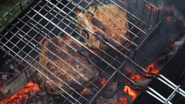 Viande grillée sur le gril flamboyant — Video