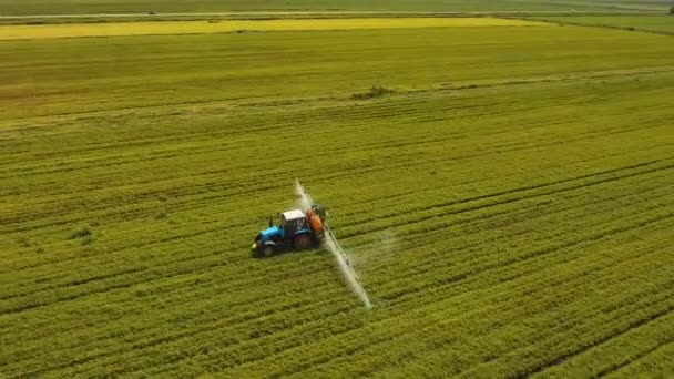 Tractor sproeit kunstmestveld. — Stockvideo