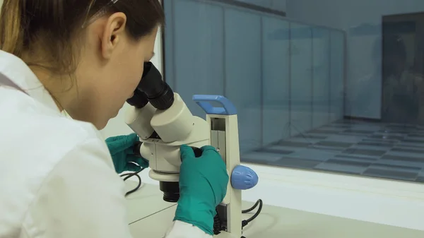 Kvinnliga biolog ser ut i Mikroskop — Stockfoto