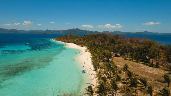 Letecký pohled na krásné pláži na tropickém ostrově Malcapuya. Filipíny. — Stock fotografie