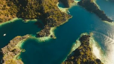 Havadan görünümü İki Yataklı göl, deniz, plaj. Tropik ada. Busuanga, Palawan, Filipinler.