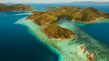 Hava manzaralı tropikal göl, deniz, sahil. Tropikal ada. Busuanga, Palawan, Filipinler.