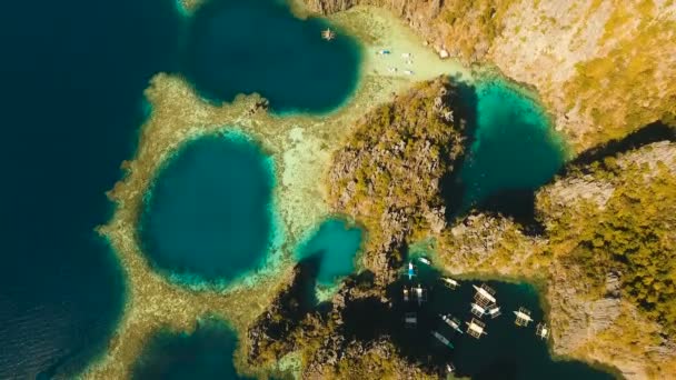 Luchtfoto Twin lagune, zee, strand. Tropisch eiland. Busuanga, Palawan, Filipijnen. — Stockvideo