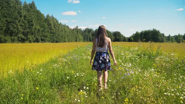 Tjej går på fältet. — Stockfoto