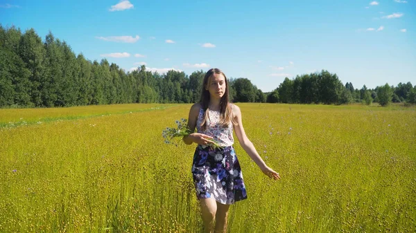 Sommarlandskap, flicka, fältet av lin — Stockfoto