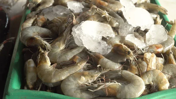 Camarones en el mostrador de un mercado callejero . —  Fotos de Stock