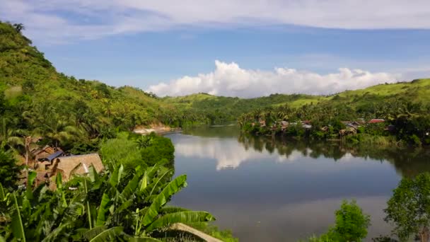 Tropisch landschap bij zonnig weer. Dorp aan de rivier. De aard van de Filippijnen, Samar — Stockvideo