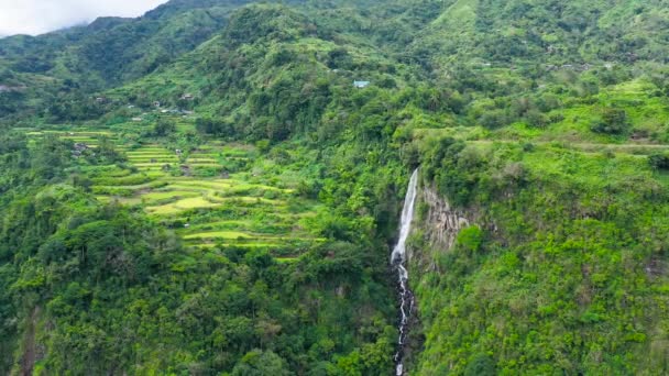 Bergen bedekt met jungle en een waterval in de verte, uitzicht vanuit de lucht. — Stockvideo